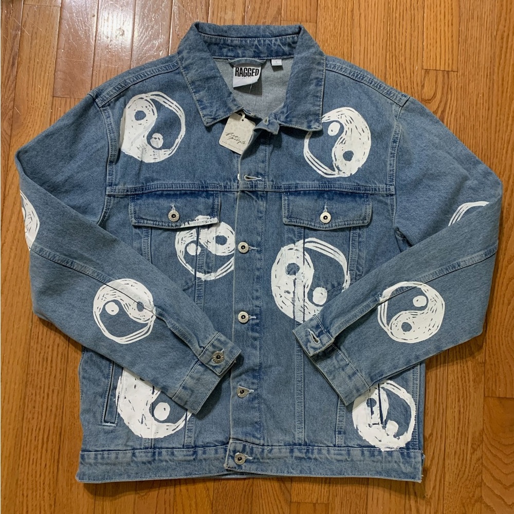 Ragged Priest Free People Yin-Yang Print Denim Blue Jean Jacket Size Small NWT